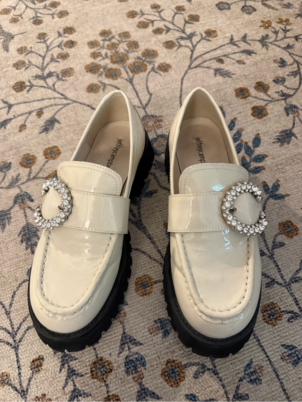 Jeffery Campbell Cream Loafers with Crystal Buckle